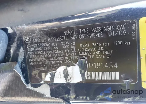 2009 BMW 335I z USA, uszkodzony, nr VIN WBAWL73559P181454